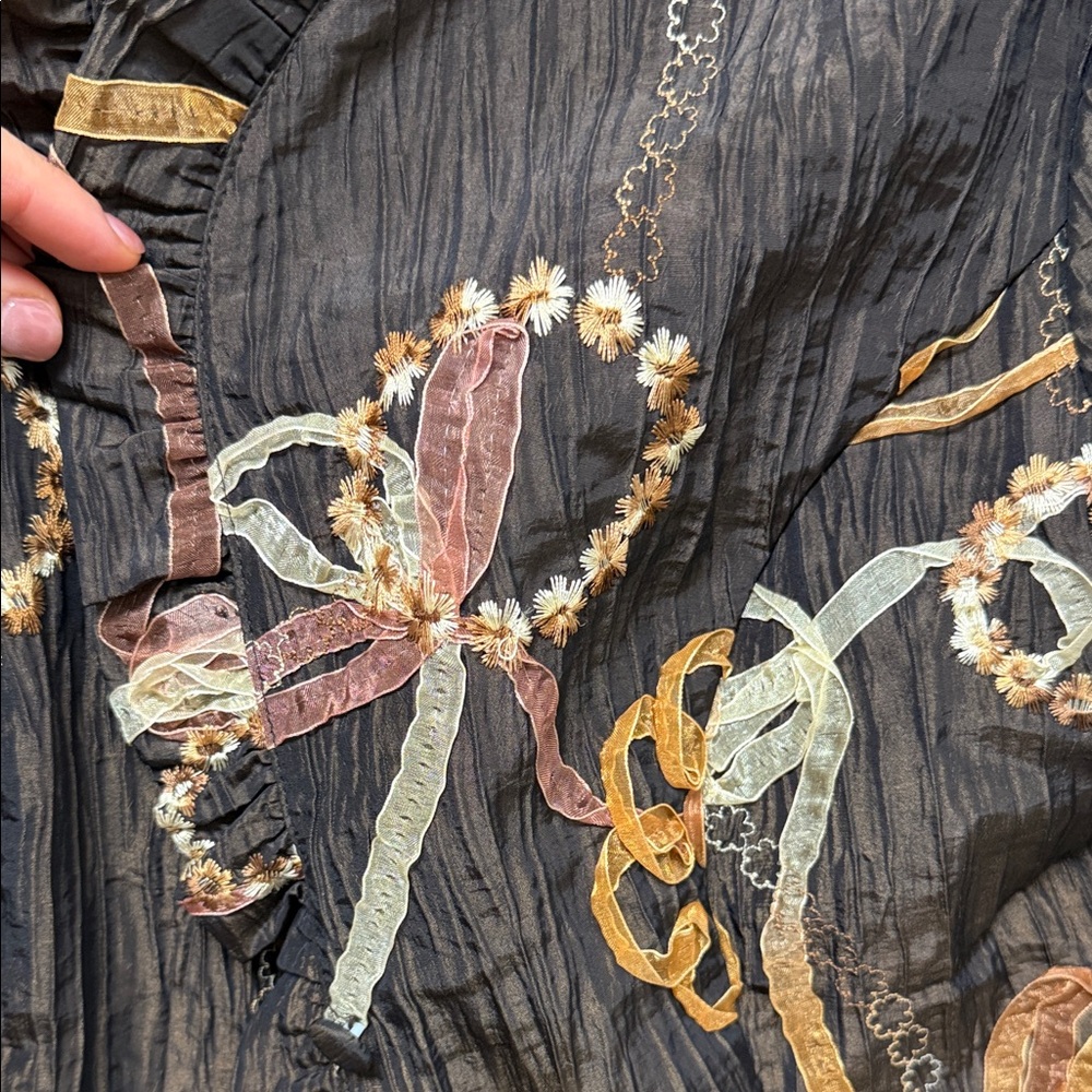 Agora iridescent brown Ruffle-Trim floral Arsty Boho Art to Wear Jacket - Picture 5 of 8